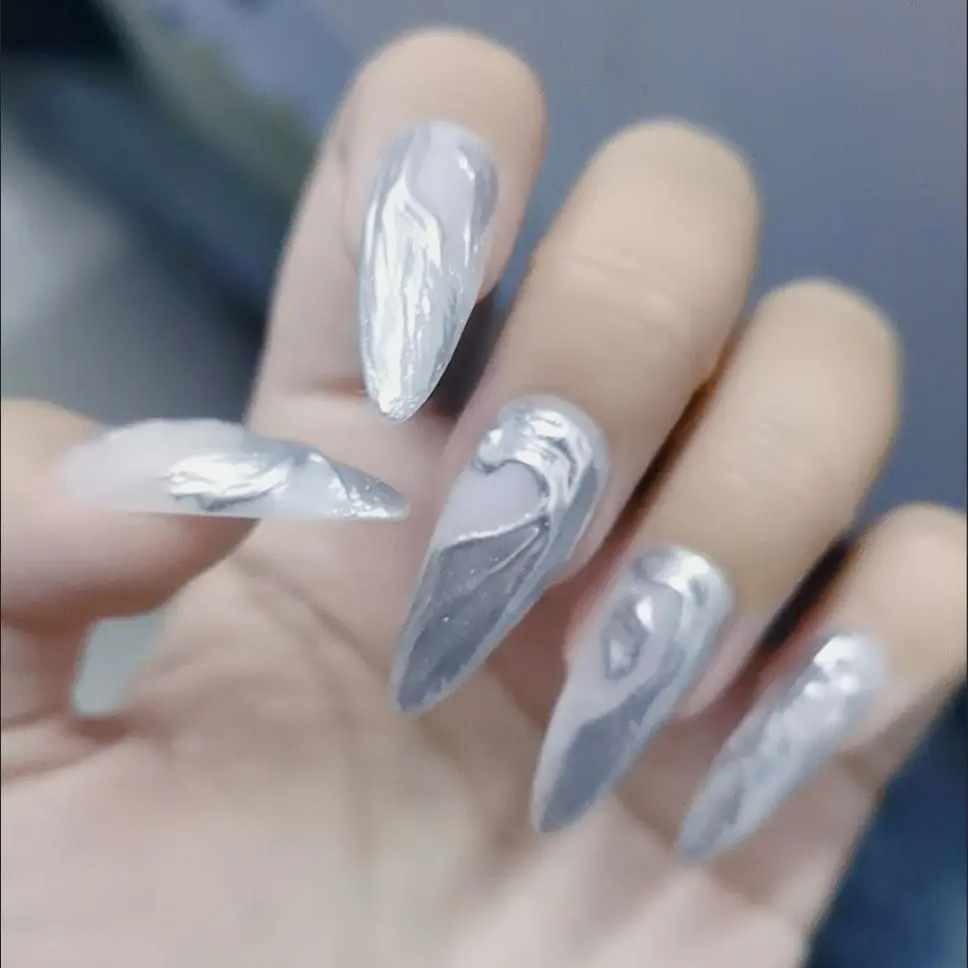 Designer: DuoDuo 1500.Handmade nails Press on Nails DIY Nail Art for woman girl Long Almond silver