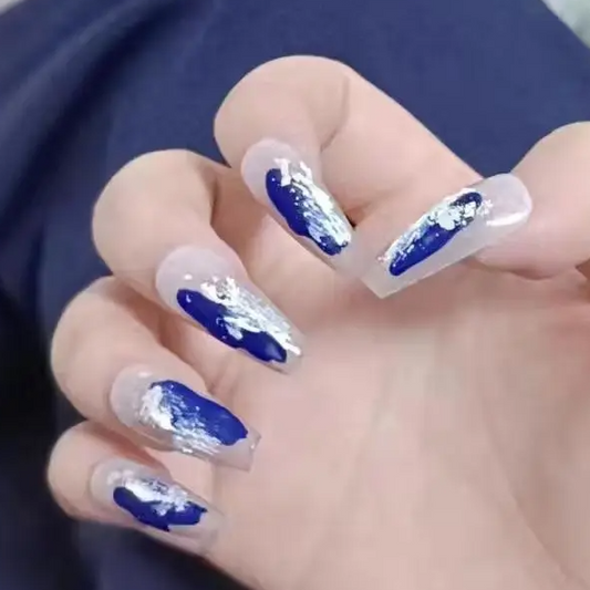 Designer: DuoDuo 1504.Handmade nails Press on Nails DIY Nail Art for woman girl Long Coffin blue white