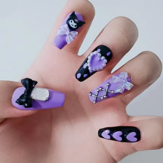 Designer: DuoDuo 1401.Handmade nails Press on Nails DIY Nail Art for woman girl Long Coffin purple Cartoon